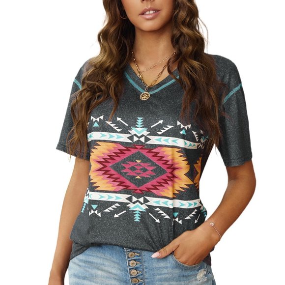 Private Label Tops - Gray Aztec Geometric Print V Neck Tee